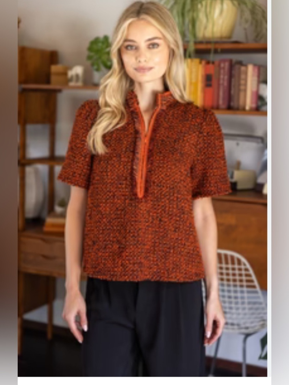VOY Rust Orange Boucle Fringe Top Size M